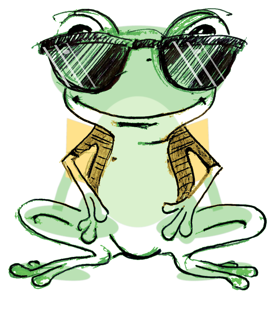 Grüner Cartoon-Frosch mit Sonnenbrille, weißen Reflexionen und gelber Jacke