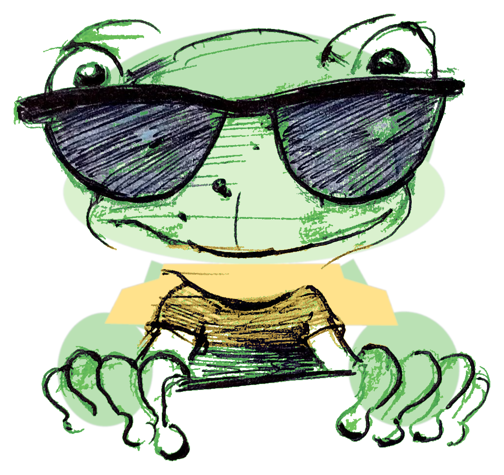 Grüner Cartoon-Frosch mit Sonnenbrille und gelbem Pullover schaut über eine Mauer